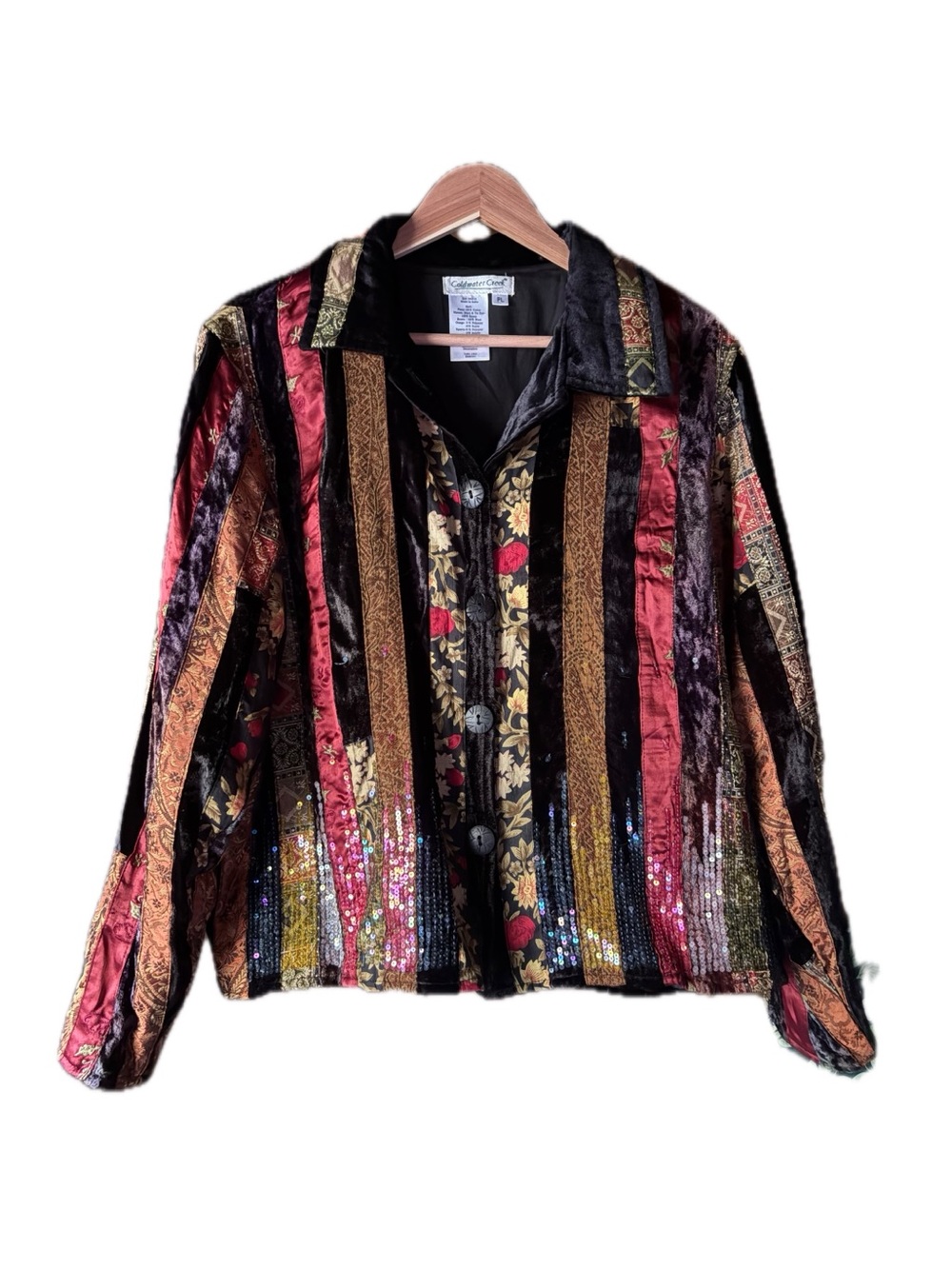 Vintage Coldwater Creek Patchwork Velvet Sequin Jacket Multi Stripe Whimsigoth
